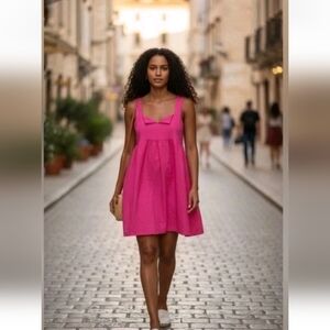 Daily Practice Anthropologie Pink Fuscia Split Neck Mini Dress Large Small NWT